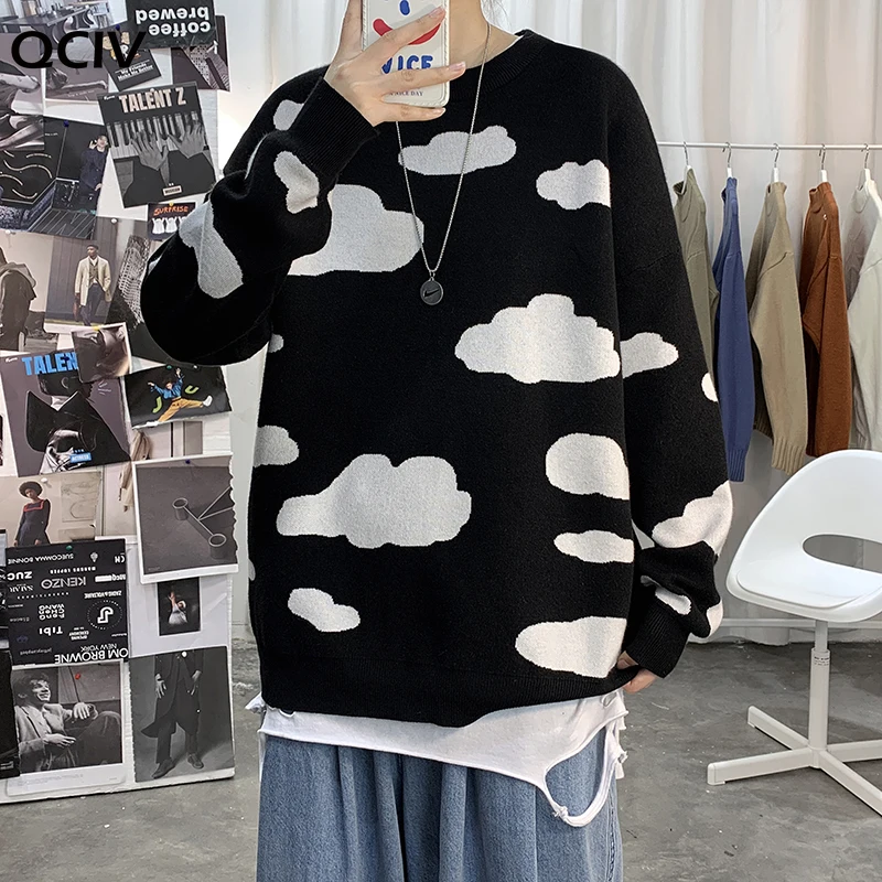 New Fashion Men Sweaters Lovers Knitted Pullovers Cartoon Cloud Print Thin Wool Raglan Sleeves Warm Tops Christmas Gift