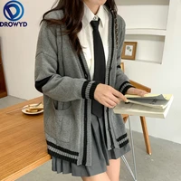 2021 autumn and winter retro loose v neck sweater coat female college style thin knit single breasted cardigan sweater jacket