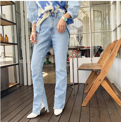 Корейская версия новой осенней коллекции потертые прямые джинсы с разрезом