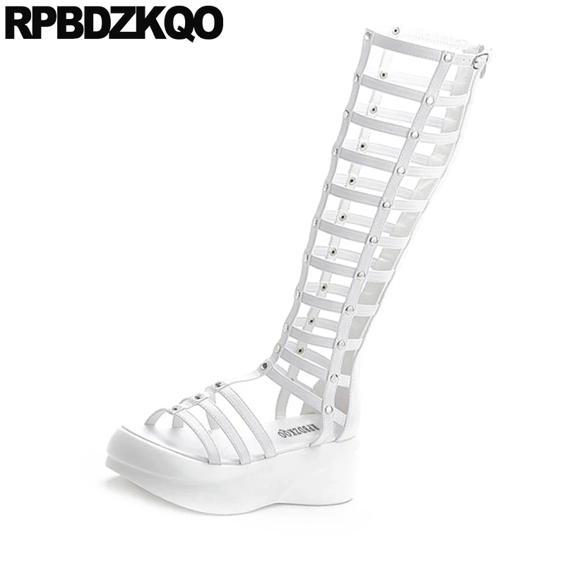 Женские ботинки с открытым носком белые гладиаторы на платформе высокий каблук