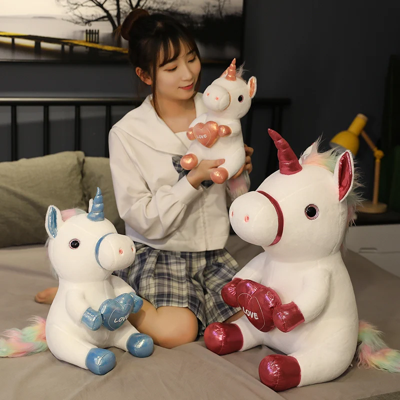 

New Cute Love Unicorn Plush Stuffed Toys Soft Cartoon Animal Horse holding heart Doll