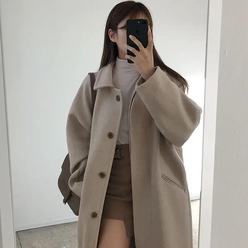 Heydress осеннее зимнее шерстяное пальто простое однотонное однобортное женское длинное шерстяное пальто с отложным воротником для отдыха