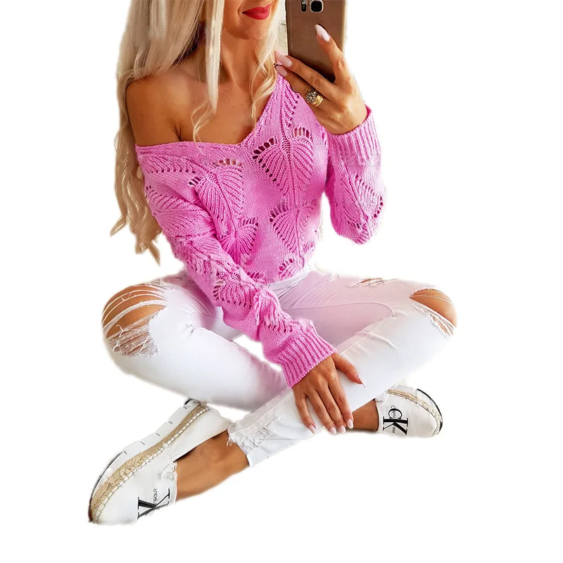 

Женский трикотажный свитер с узором ромбиками, розовый ажурный пуловер с длинным рукавом, джемпер для осени