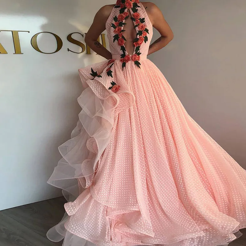 

BridalAffair Sexy Polka Dots Prom Dress Sleeveless High Neck Arabic Kaftan Dubai Evening Gown 2021 Applique Flower Tulle Party