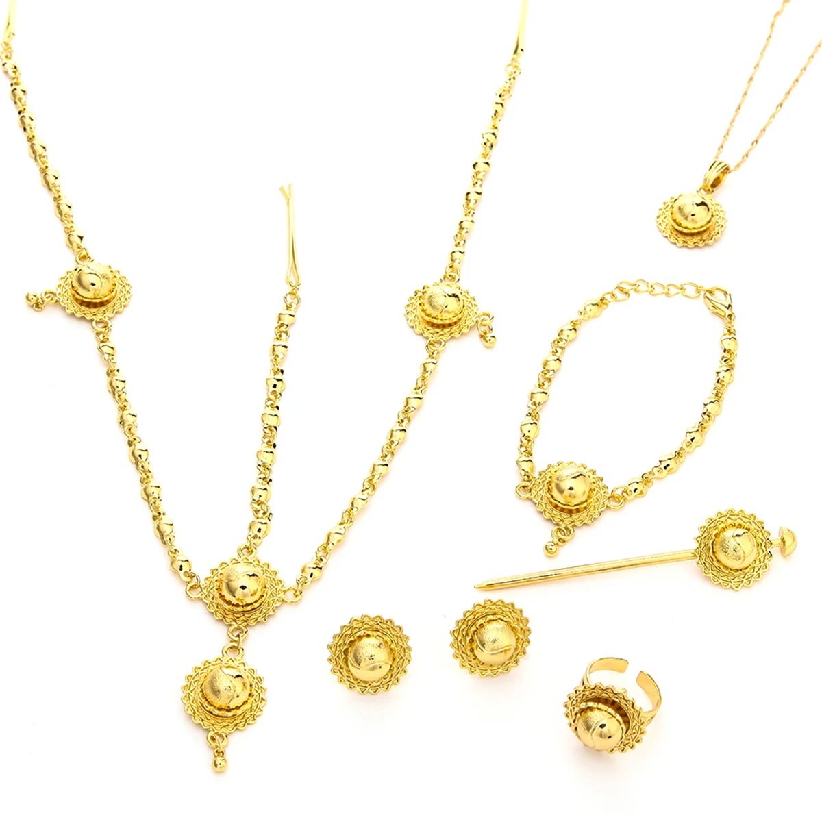 Ethiopian Gold Color Necklace Pendant Earrings Ring Hairpin Bracelet Hair Sudan Eritrea Christian Jewelry | Украшения и