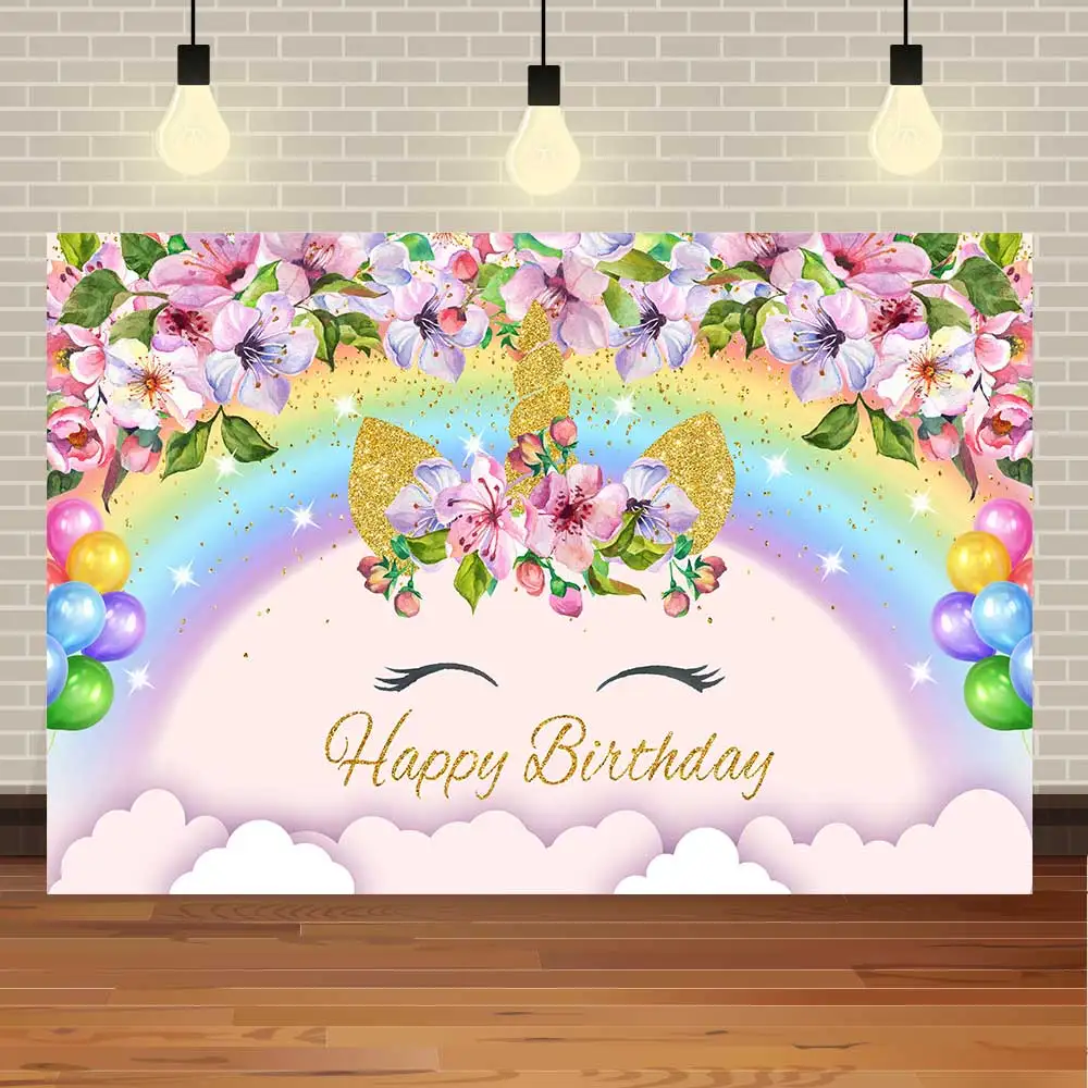 

NeoBack Happy Birthday Newborn Baby Shower Watercolor Flowers Unicorn Cloud Rainbow Party Photo Backdrop Photography Background