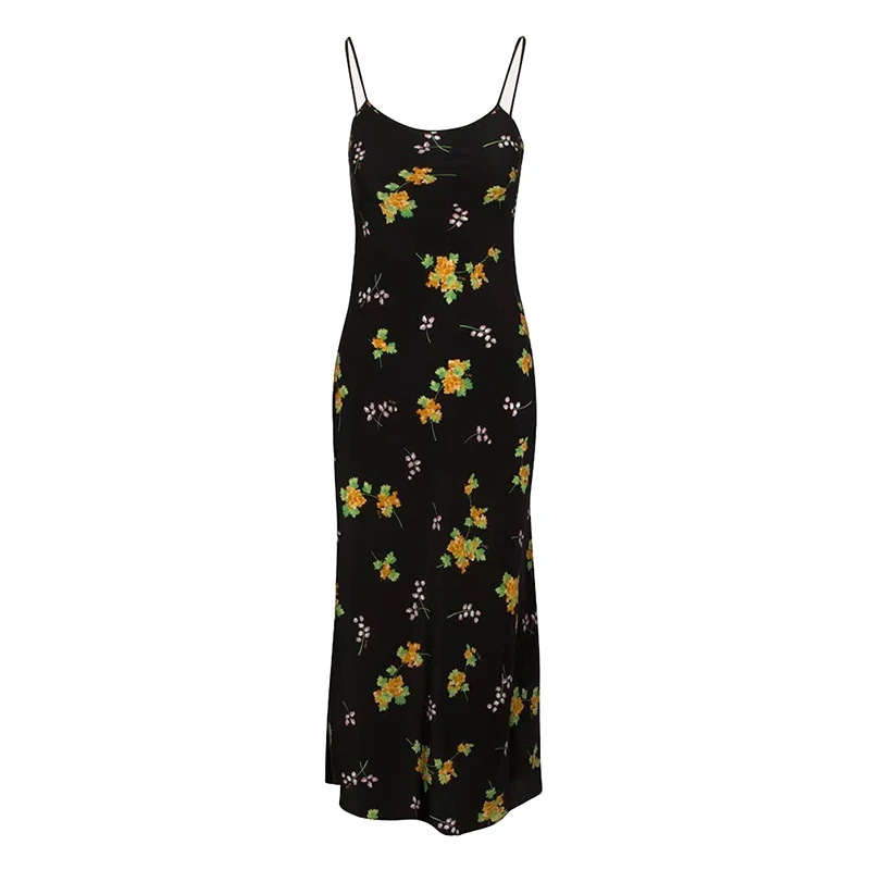 

2021 summer new silk print suspender dress sexy waist mid-length skirt