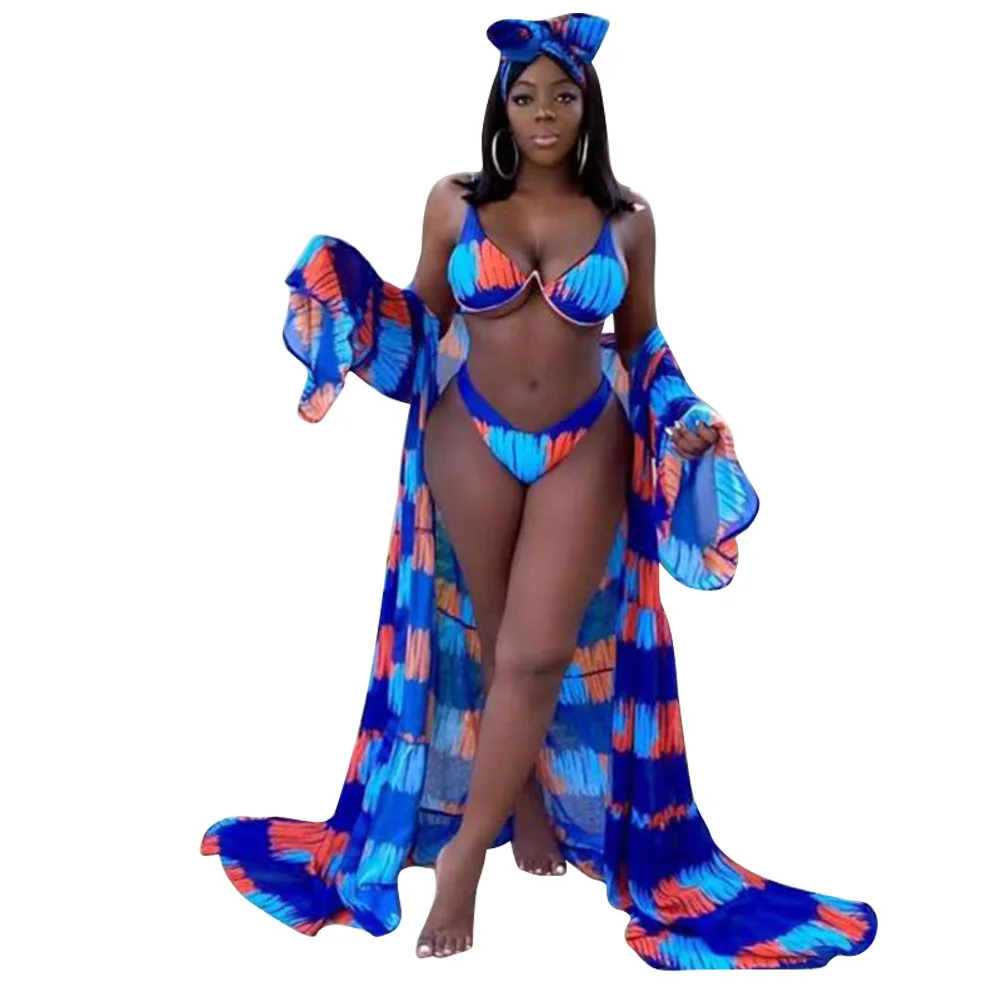 Tie Dye Print Bikini 2021 Summer Beach Wear Swimsuit Sexy Long Cover Up High Waist 3 Piece Set Women Swimwear Bikini Set Women