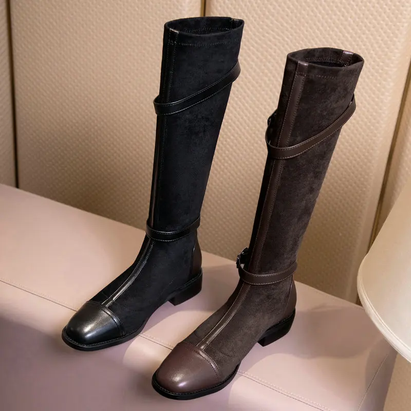 Женские сапоги до колена из искусственной замши удобные высокие на толстом