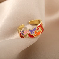colorful buterfly flower geometry rings for women vintage dripping oil irregular opening finger ring femme boho jewelry gift