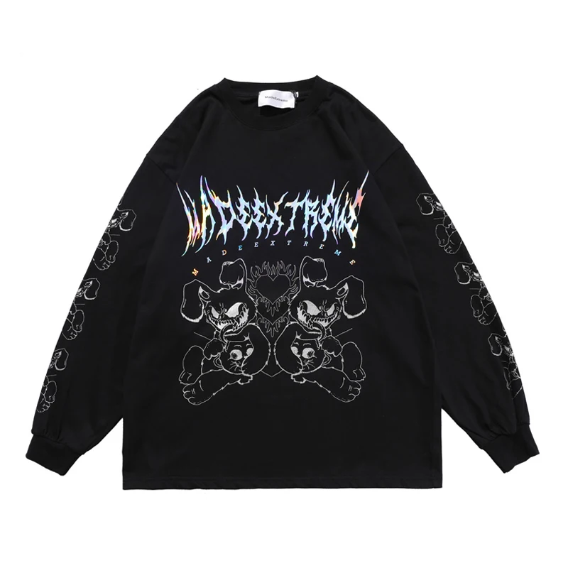 

Hip Hop Oversize T-shirts Men Monster Laser Pattern Printed Long Sleeve T Shirt Fashion Casual Baggy Tee Black Couple Streetwear