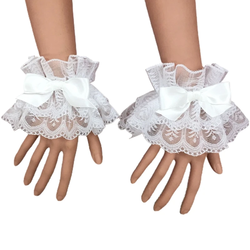 

Women Lolita Hand Sleeve Wrist Cuffs Ruffled Lace Bowknot Maid Cosplay Bracelet T5UF