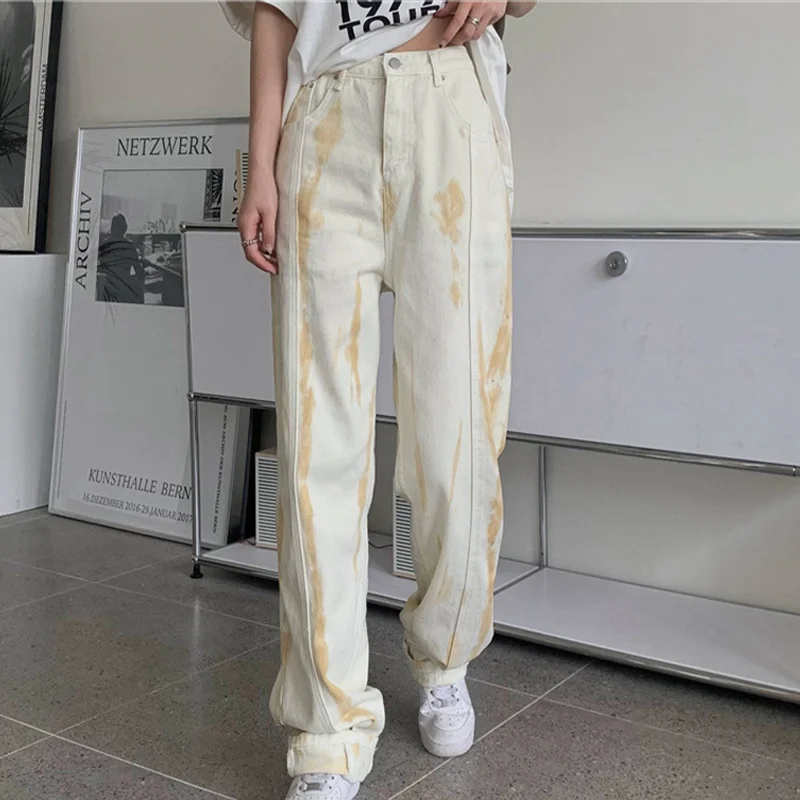 

Tie Dye Print Women High Waist Wide Leg Pants Straight Jeans Loose Streetwear Fashion 2021 Summer Trousers Clothes