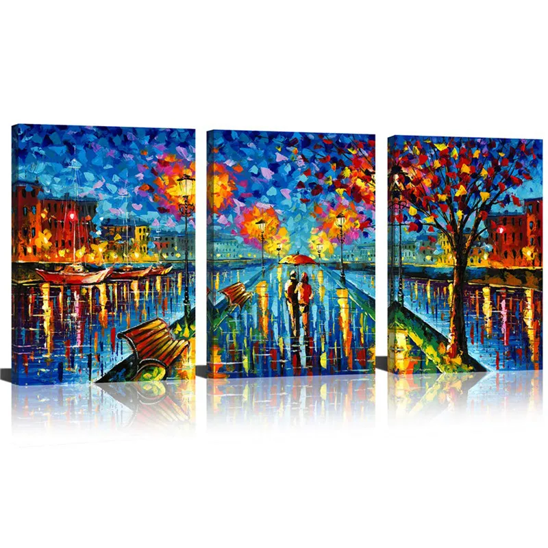 Фоторамка холст постер пара ходьба по улице с зонтиком Романтическая ночь