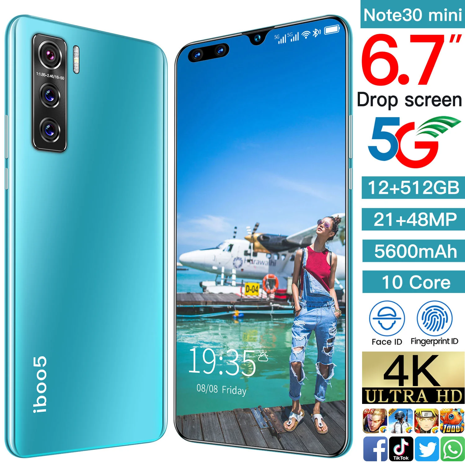 

Global Version of Iboo5 6.7 Inch Facial Recognition Fingerprint Unlock 12GB+512GB 10 Core 21MP+48MP Face ID MTK6889 Smart Phone