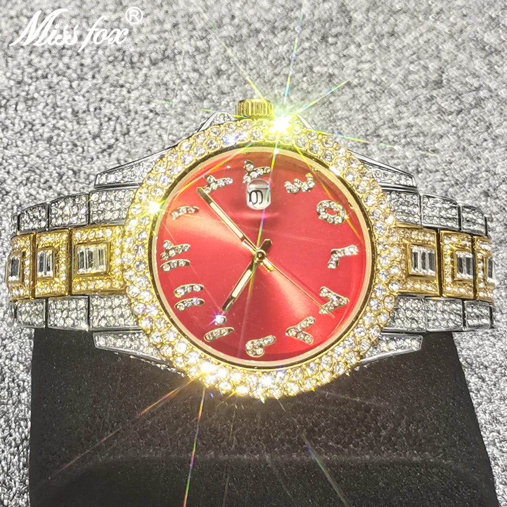

Hip Hop MISSFOX Fully Iced Out Diamond Drill Mens Watches Stainless Steel Fashion Luxury WristWatch Quartz Male Business Clocks