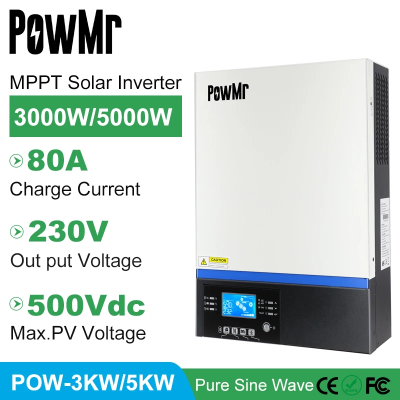

Инвертор PowMr PV 3000 в пост. Тока, 5000 Вт, Вт, Bluetooth, в перем. Тока, 24 В, 48 В, MPPT 80A, солнечное зарядное устройство, поддержка мобильного мониторинга, USB,...