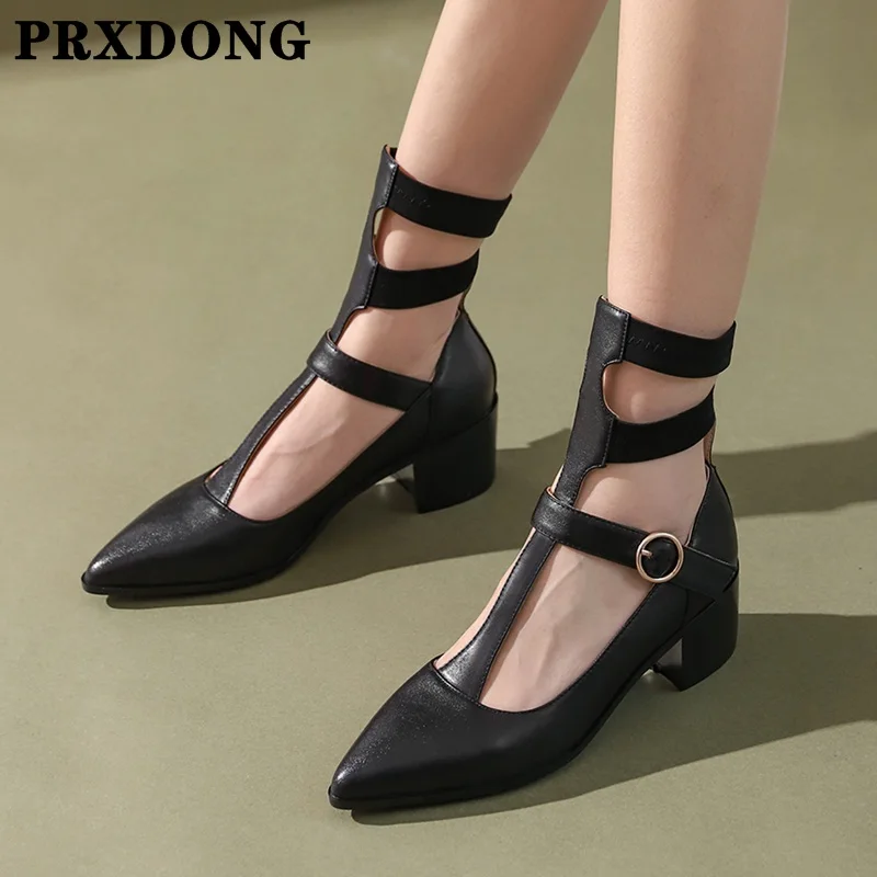

2021 New Spring Summer Women Pumps Genuine Leather Square Heel Pointed Toe Rome Style Black Apricot Gladiator Pumps Dress Shoes