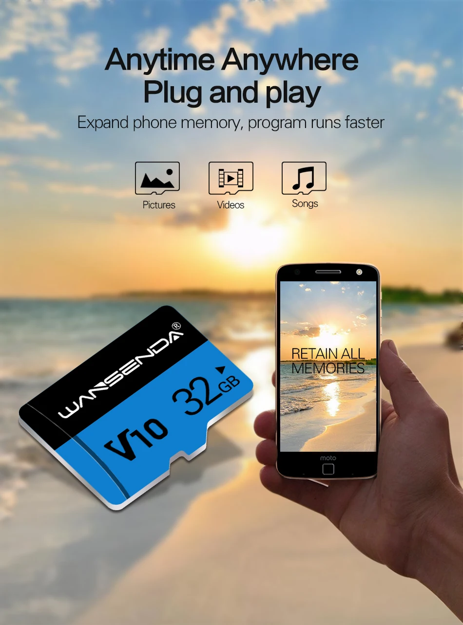 Высококачественная Micro-SD карта Wansenda 4 ГБ 8 ГБ 16 ГБ 32 ГБ 64 Гб 128 ГБ 256 Гб карта памяти TF карта Бесплатный SD адаптер Розничная упаковка