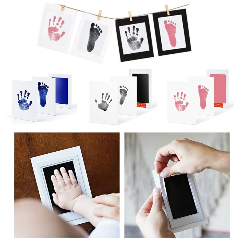 

Newborn Baby Footprint Handprint Kit Durable Safe Nontoxic Ink Pad Imprint Cards Paper Photo Frame Clips Hemp Rope