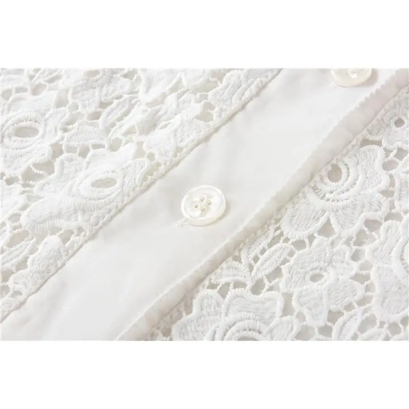 

Brand Luxury Women Summer White Lace Shirt Blouse Top Turn-down Collar Long Sleeve Blouse Tops Designer Beaded Vintage Clothes