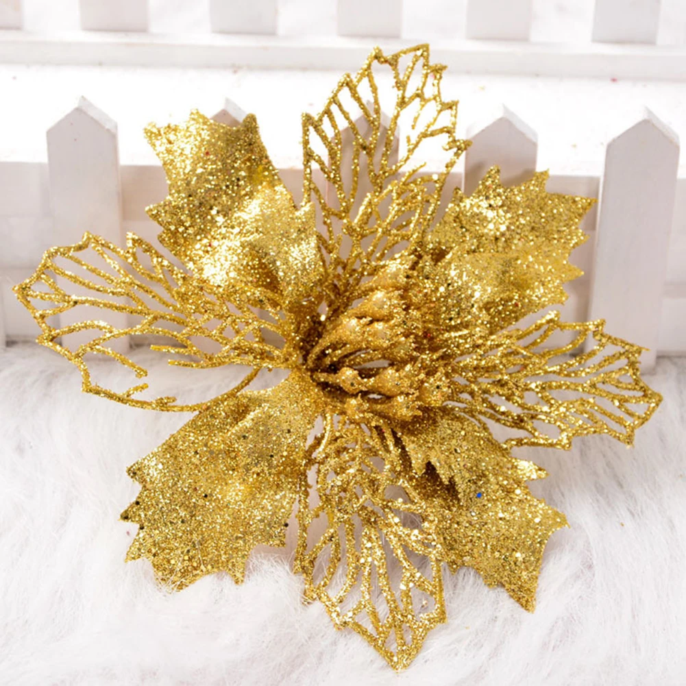 Gold 16cm Большие искусственные цветы для рождественского декора, блестящие Искусственные цветы Poinsettia, сделай сам, украшение для дома, Рождества, Нового года, цветок для свадьбы - Цвет: Gold 16cm