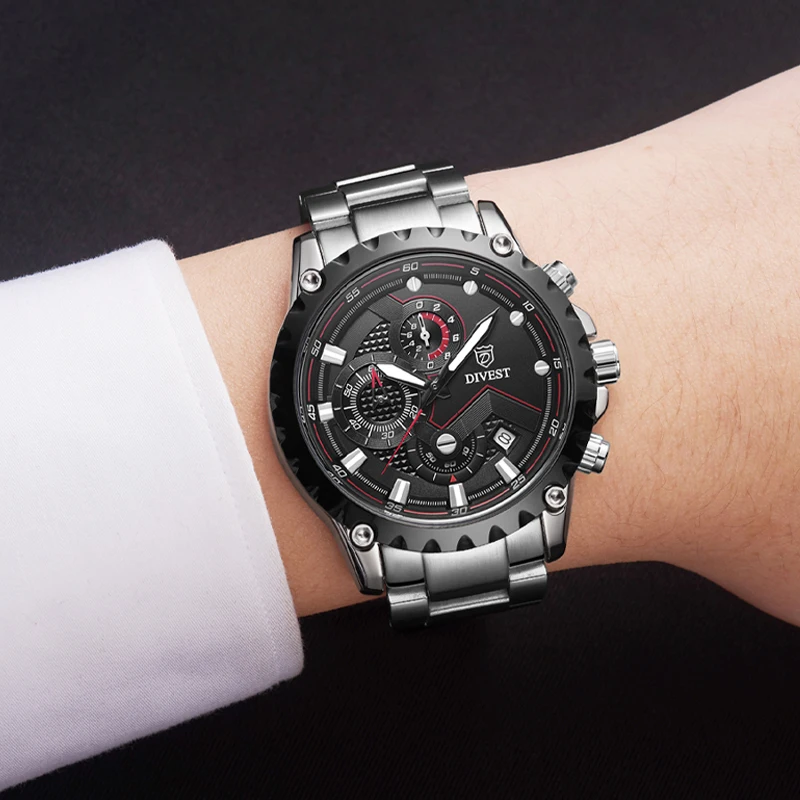 

DIVEST Men Watch Top Brand Luxury Sport Quartz Mens Watches Full Steel Waterproof Chronograph Wristwatch Men Relogio Masculino