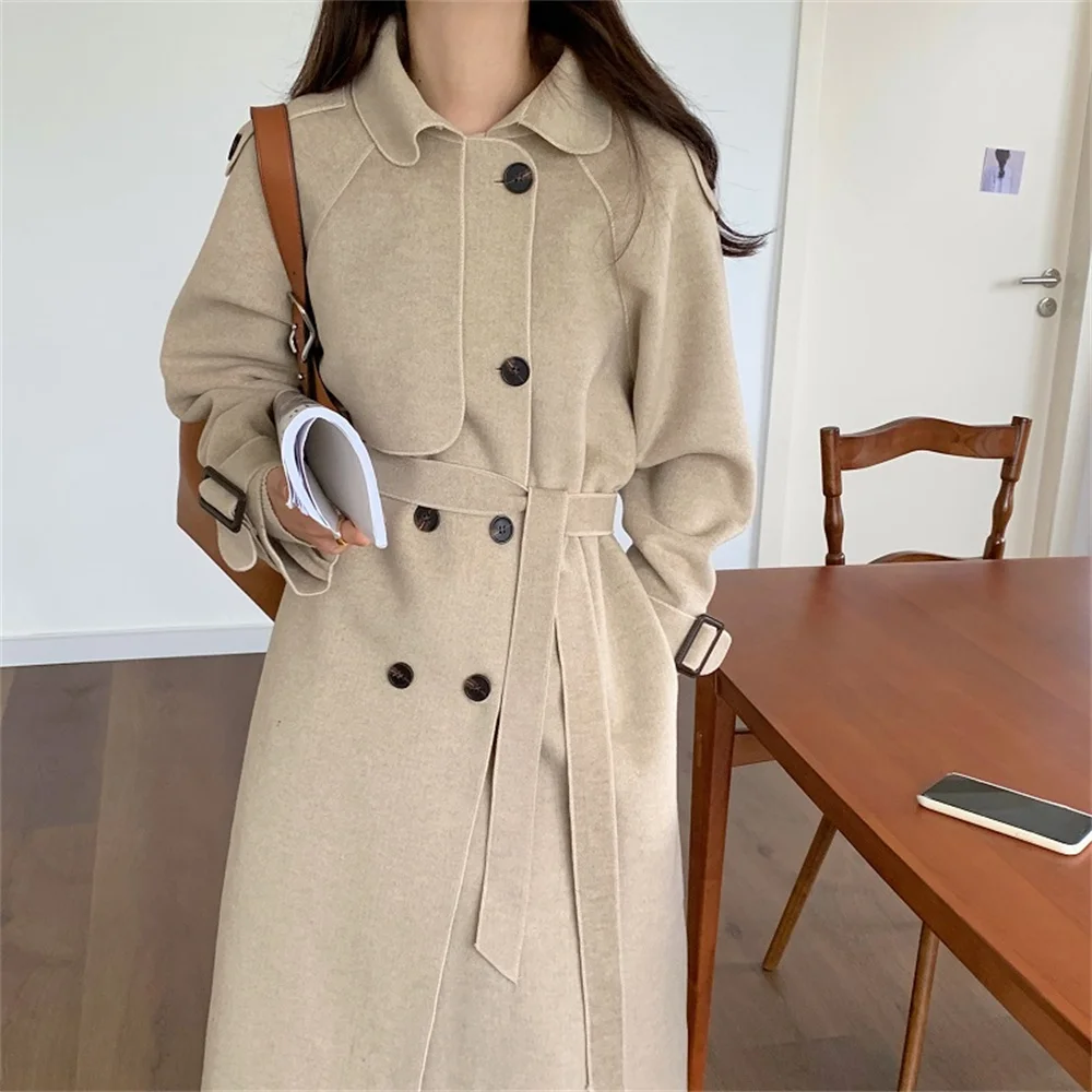 

동대문 Vintage Woolen Elegant Women Trench Lace-Up Close Waist Office Lady High Quality 2021 Streetwear Winter Chic Gentle Coats