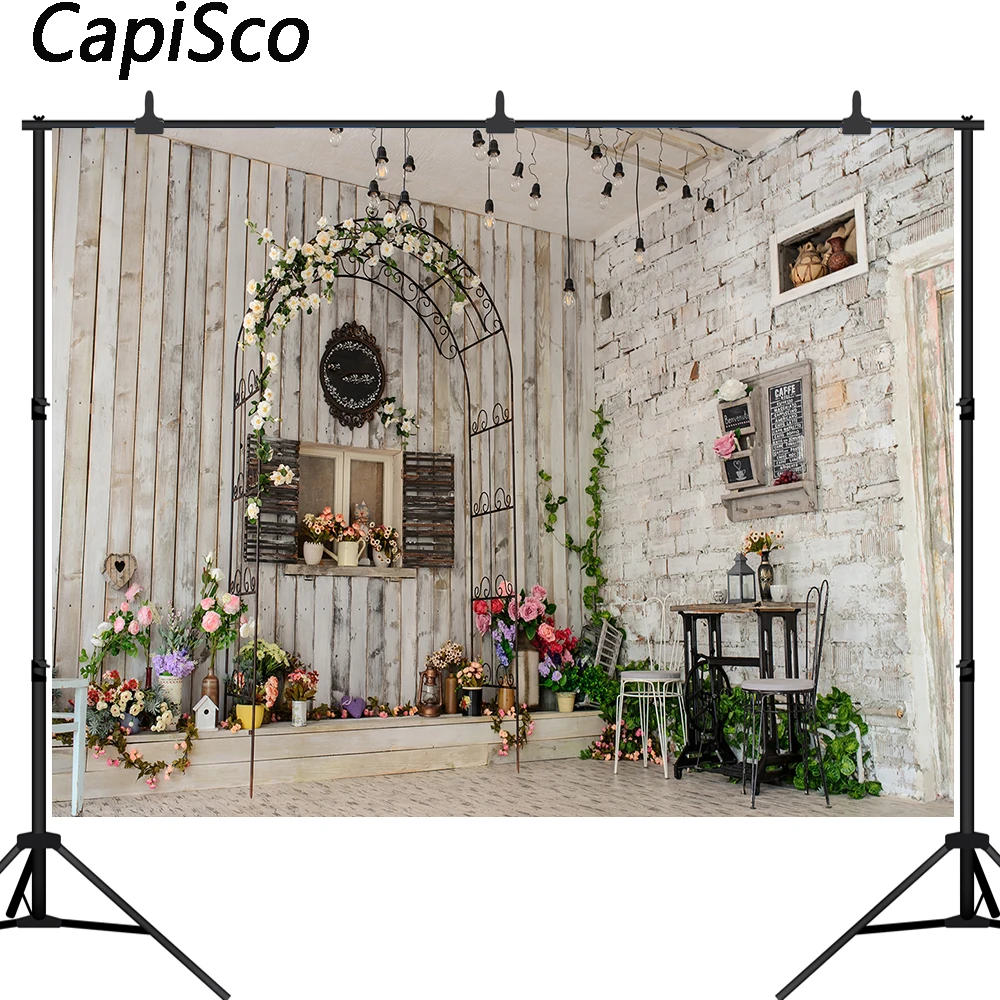 

Capisco White brick wall Photography backdrops Wood floor flowers Photo background newborn shower backdrop wedding photo props