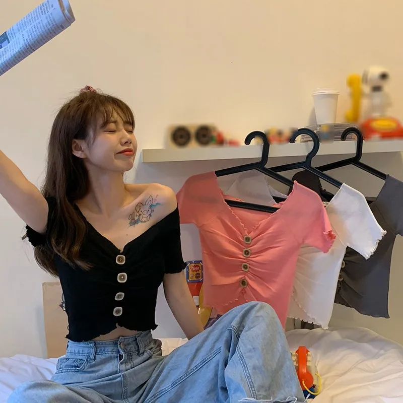 

Knitted T-shirt Fashion V-neck Solid Short Sleeve Button Sexy Slim Solid Color Short Top Women New Arrival Casual Regular EFINNY