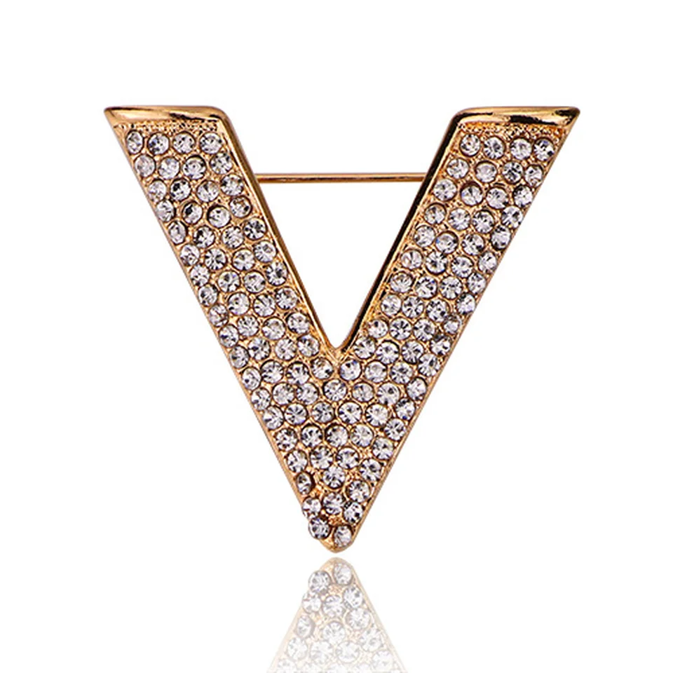 i-Remiel New Minimalist Crystal New Letter V Brooch Pin Rhinestone Triangle Brooches and Pins for Men's Shirt Collar Accessories