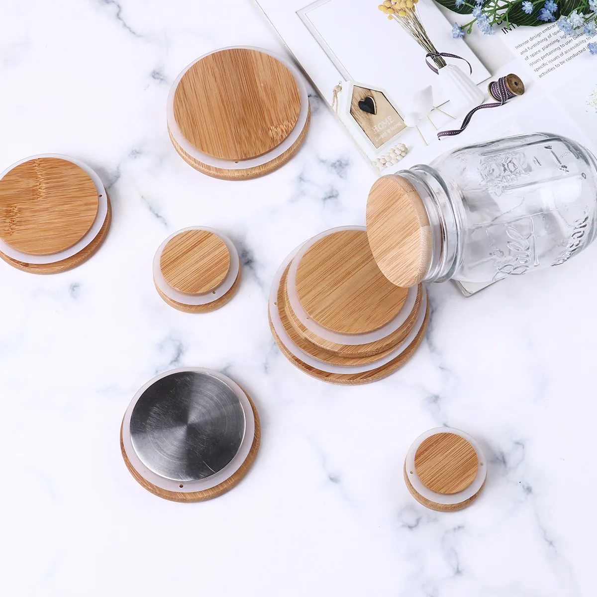 Bamboo Mason Jar Storage Canning Lids Drinking Cup Covers Reusable Seal Ring Pine Wooden Lid Caps for Glass Jars Ceramic Mugs images - 6
