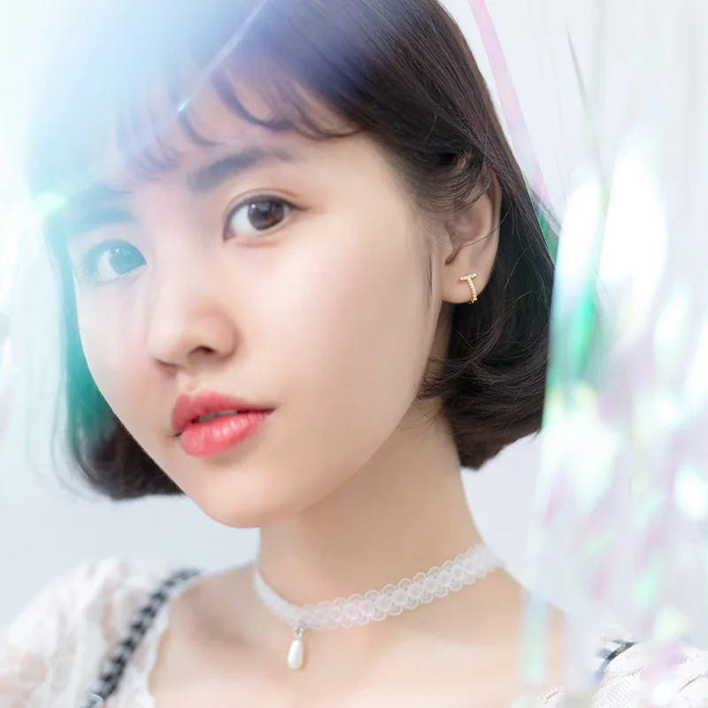 925 стерлингового серебра Золотой T Форма цирконием серьги в виде колец с