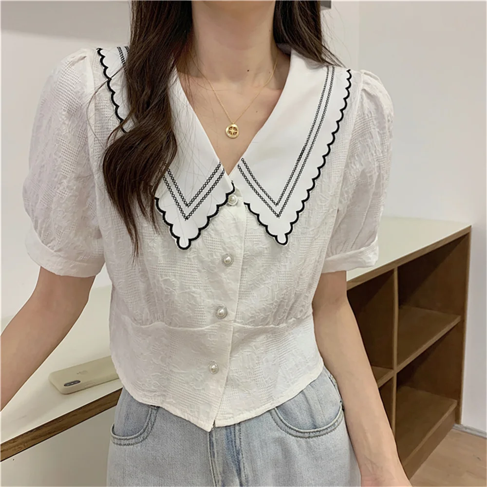 

Летняя коллекция HziriP 2021 года, милые приталенные повседневные женские топы с рукавами-фонариками и цветами на крючках для девочек, стильные ...