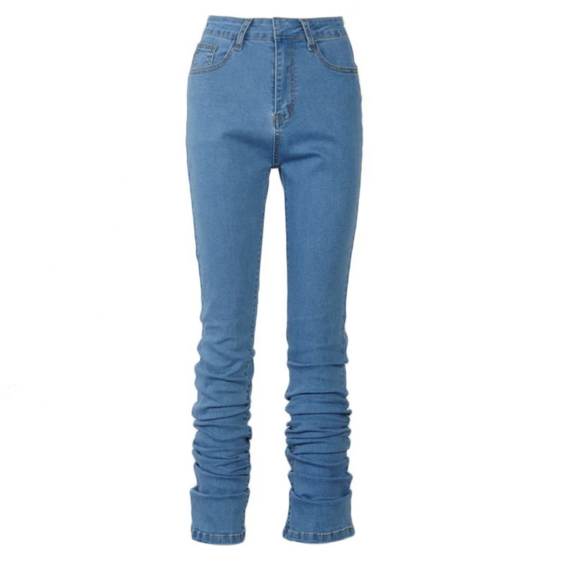 

MoneRffi Ruched Denim Blue High Wait Stacked Pants Autumn 2020 Women Clothing Streetwear Jeans Fashion Skinny Pockets Trousers