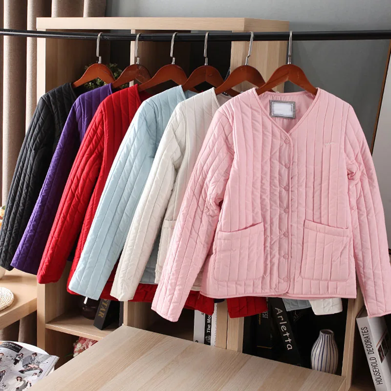

Thin Parka Coat for Women Casual V-neck Loose Single Breasted Long Sleeve Plus Size Women's quilted cotton clothing