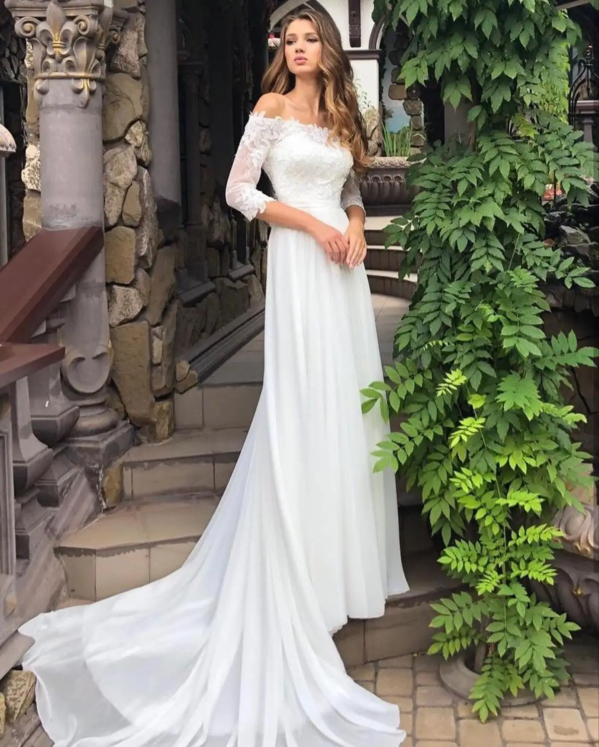 

Wedding Dress 2021 Chiffon A-Line Off Shoulder Beach Simple Bridal Gown Lace Appliques Cheap Half Sleeve Sweep Train Brilliant