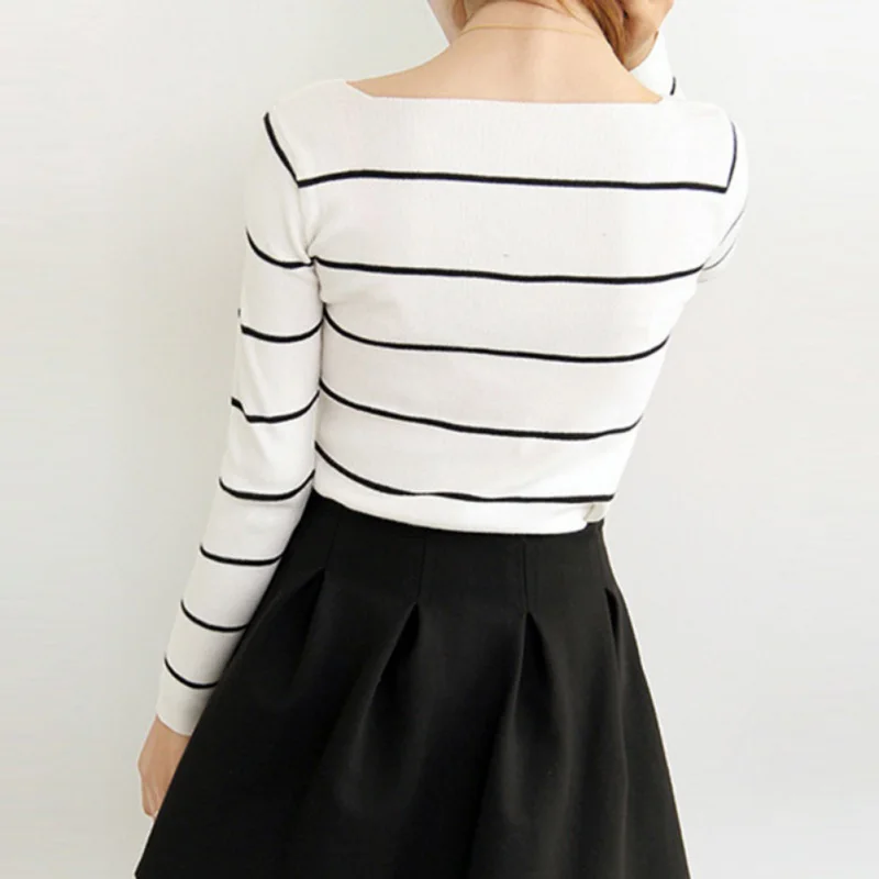 Slim Sweet Top Pull Femme Knitted Sweater Women Long Sleeve Korean Striped Tight Jumper Sweaters | Женская одежда