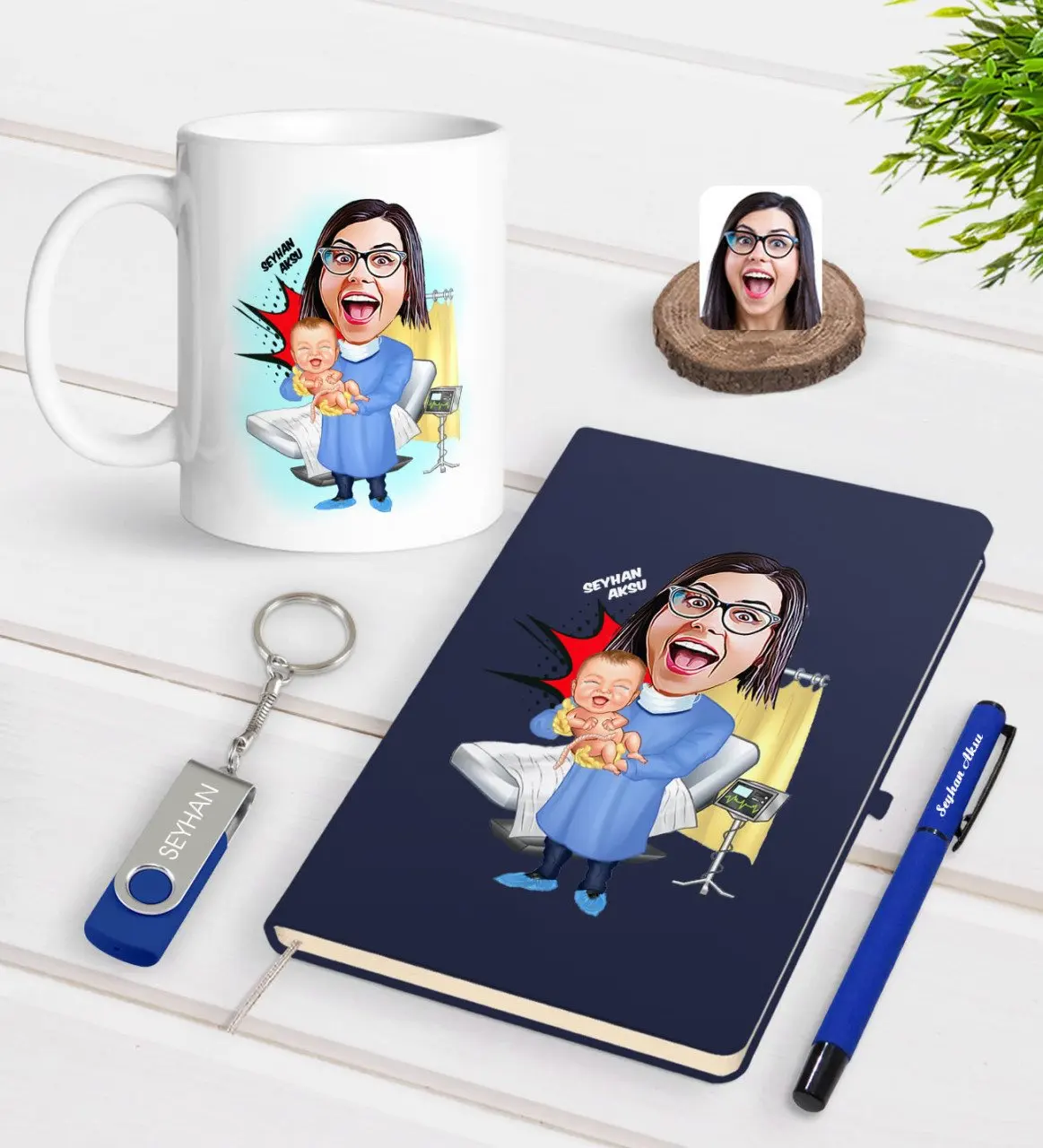 

Personalized Women 'S Obstetrician Caricature Of Navy Blue Notebook Pen cup 32gb USB Memory Gift Seti-1