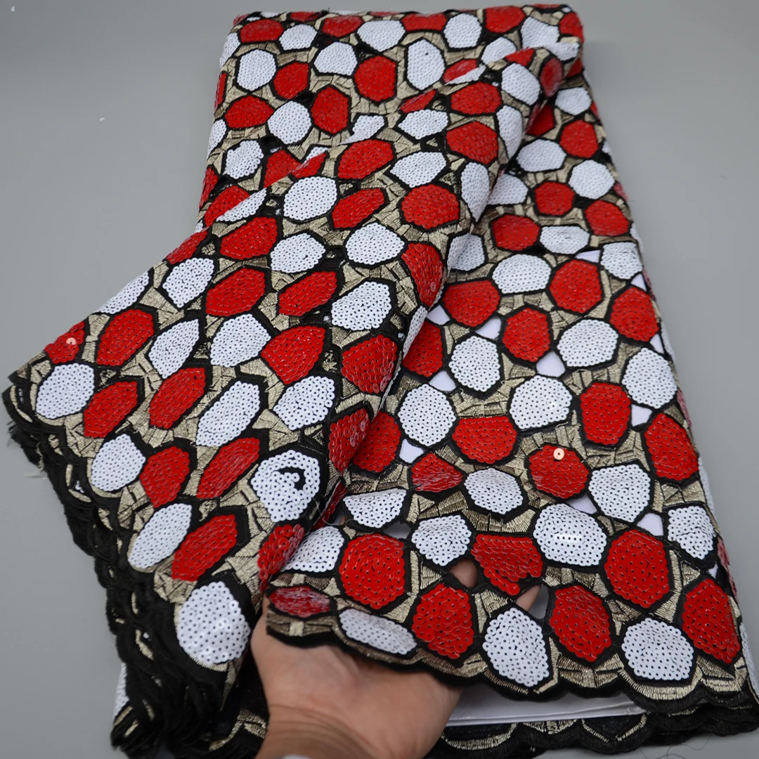 Tela de encaje con lentejuelas bordadas para vestido de fiesta, tejido africano de organza cortado a mano, color caf&eacute;, dorado, de alta calidad, 5 yardas por unidad, OP173-4