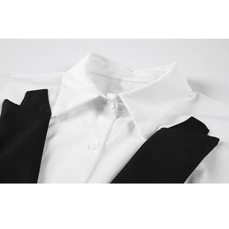 

XITAO Bandage Patchwork Hit Color Shirt Women Casual Trendy Fake Two Pieces Turn Down Collar Long Sleeve Loose Irregular ZY5179