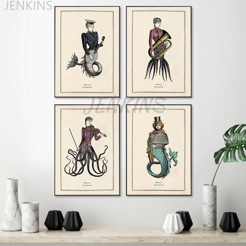 

Funny Sea Monster Musical Canvas Painting Vintage Octopus posters and Prints Toilet Cloakroom Posters Punk Bathroom Wall Art
