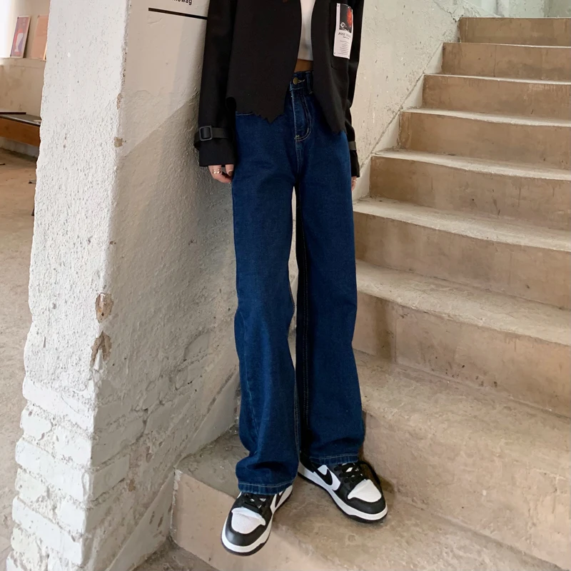 Женские джинсы с высокой талией брюки широкими штанинами синяя уличная одежда