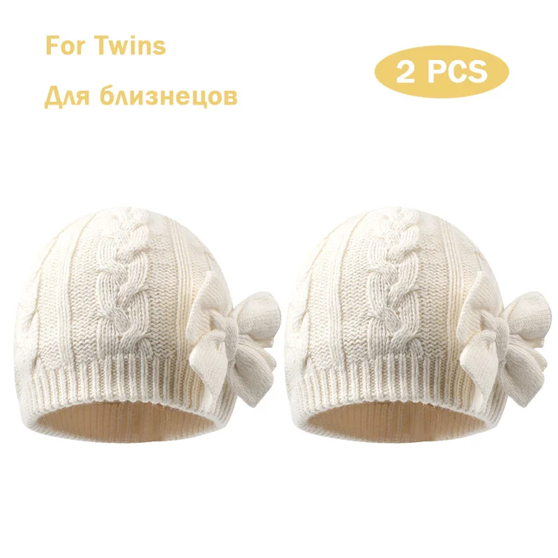 Twins White Милая шапка с бантом для маленьких девочек, зимняя теплая вязаная шапка для маленьких девочек, хлопковая шапка с подкладкой для малышей, весенняя шапка для близнецов, шапка для родителей и детей - Цвет: Twins White