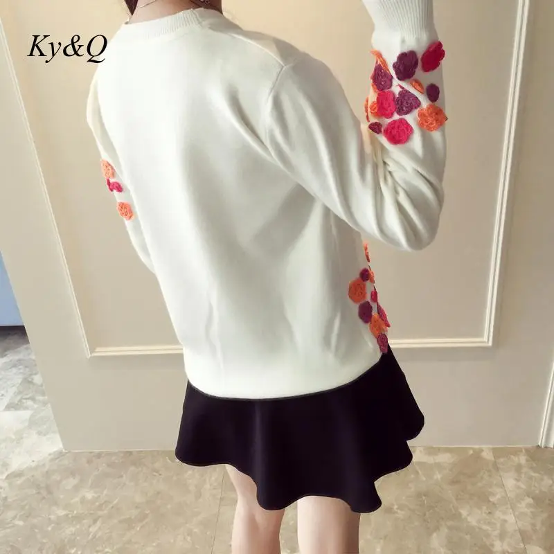 Runway Brand Designer 2019 Winter Women Sweet Flower Appliuques O-neck Pullover Sweater Small Fresh Jumper Christmas | Женская одежда
