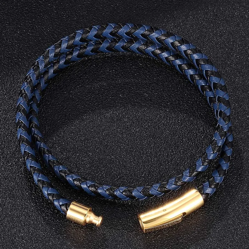 Модный черный и синий кожаный плетеный двухслойный браслет мужские женские