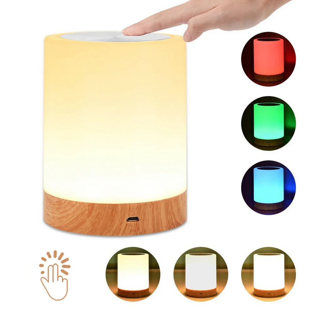 Lámpara Led táctil de noche para dormitorio de bebé, mesita de noche de grano de madera recargable por USB, luz de enfermería ajustable de 6 colores