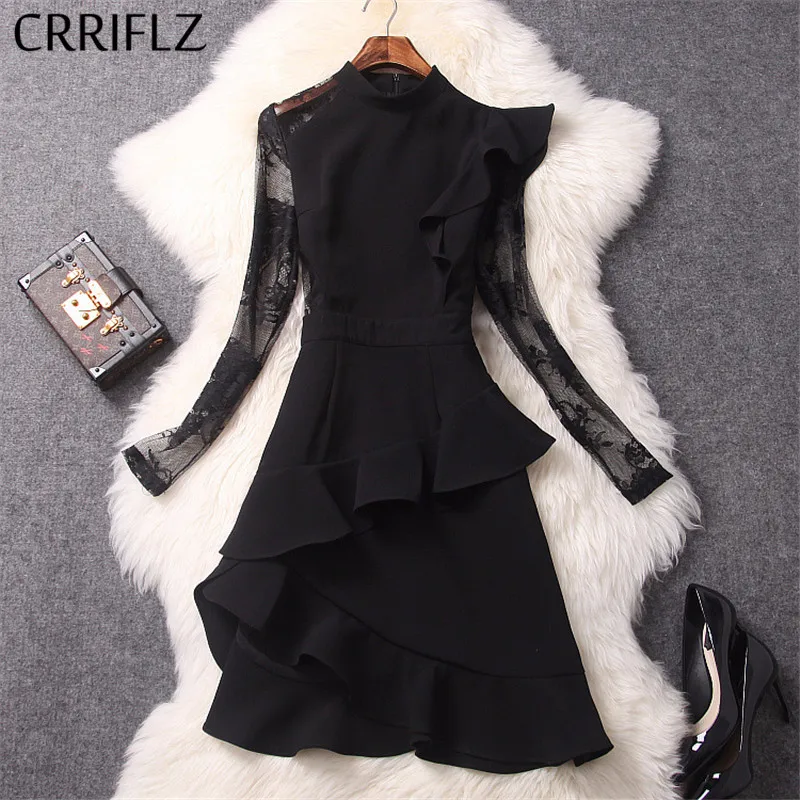 

Medium Long Women Dress New Stand collar Packwork Ruffles A Line Dress Women Irregular Mesh Full Sleeve Black Party Dress