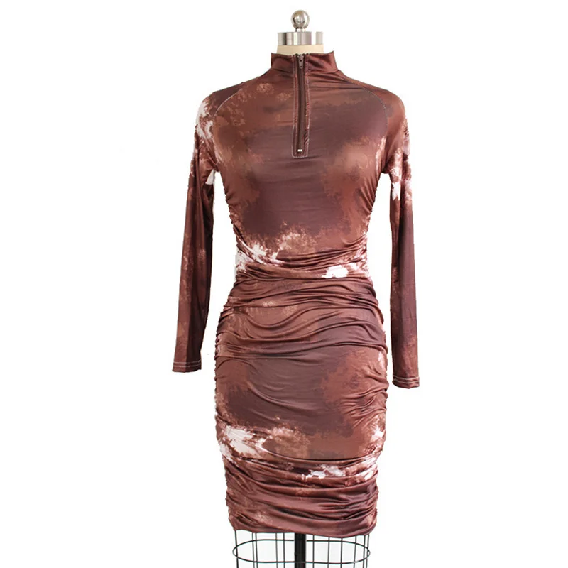 

Dress Women Zip-up V-neck Skinny Long Sleeve Pleated Printing Female Elegant Streetwear Midi Party Casual Bodycon Vestido