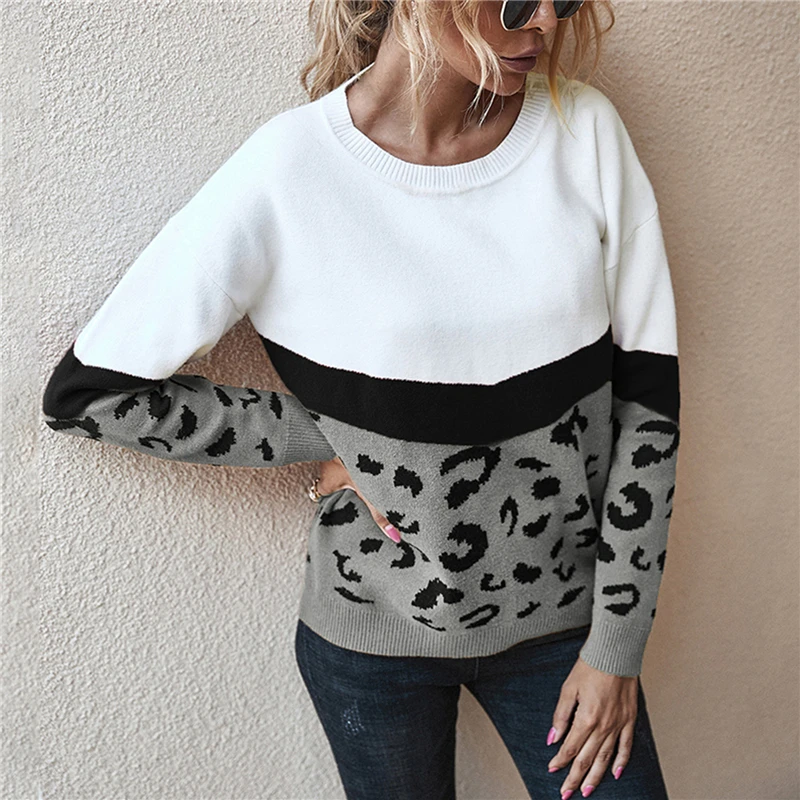 

Fashion Leopard Patchwork Autumn Winter 2020 Ladies Knitted Sweater Women O-neck Full Sleeve Jumper Pullovers Top